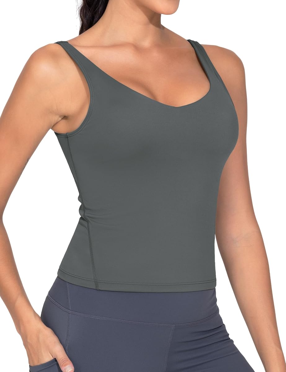 THE GYM PEOPLE Women's Longline Sports Bra Wirefree Workout Yoga Tank Top | V-Neck, Padded, Removable Pads, Light Support, U-Back, Waist Length, Wide Traps, Breathable, Moisture-Wicking, for Pilates