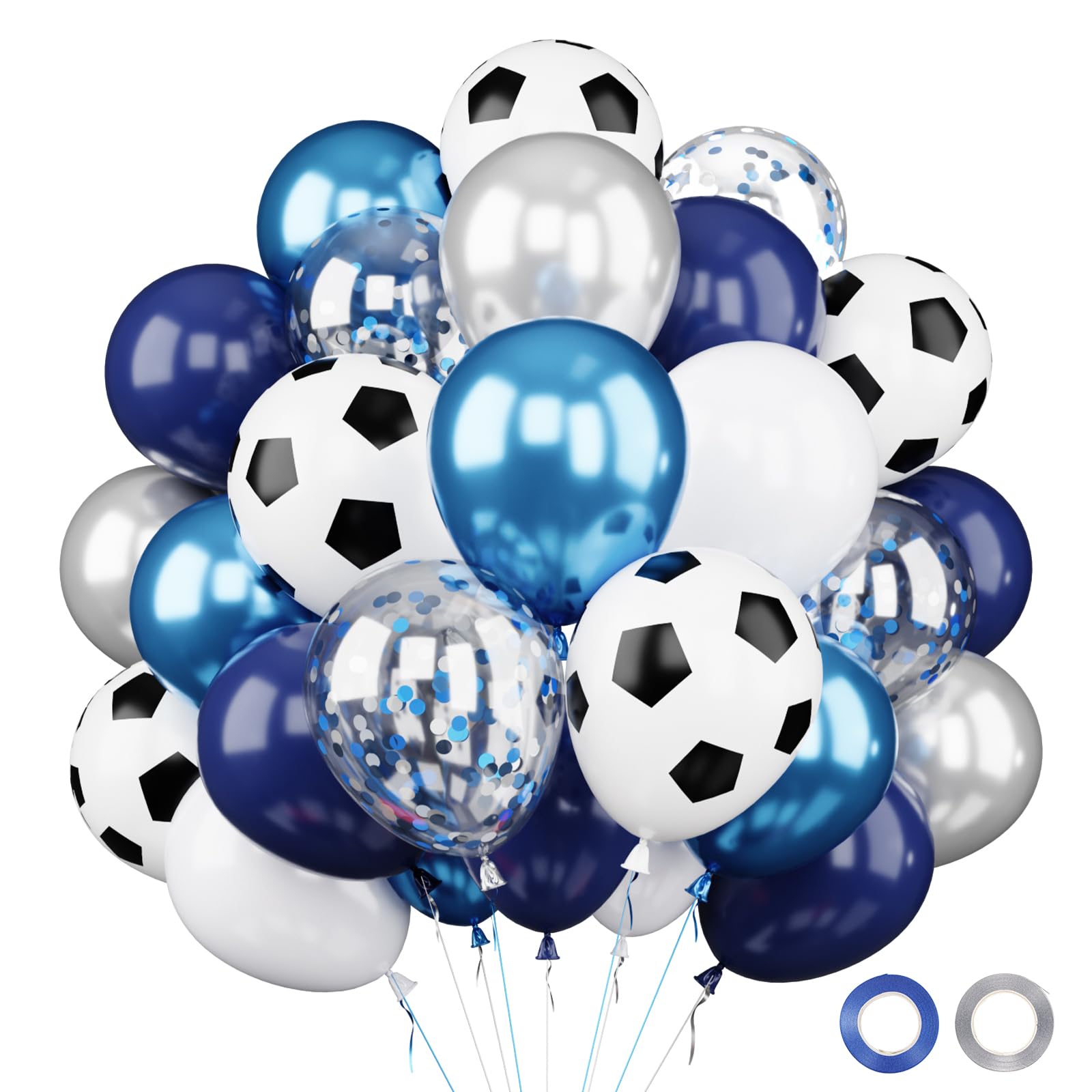 Football Balloons, 62pcs Blue Silver Football Birthday Decorations, Blue Silver White Soccer Balloon, Latex Balloon for World Cup Decorations Fans Men Boys Birthday Sport Themed Party Supplies 12 Inch — image 1