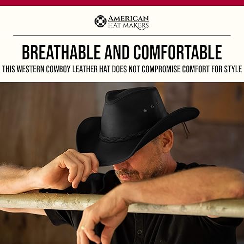 Miniatura 4 de American Hat Makers Sombrero vaquero de cuero Hollywood Hecho a mano 100% cuero fino sombrero transpirable, sistema, marrón