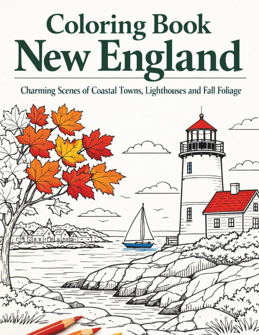 Coloring Book New England | Charming Scenes of Coastal Towns, Lighthouses and Fall Foliage: 40 relaxing illustrations