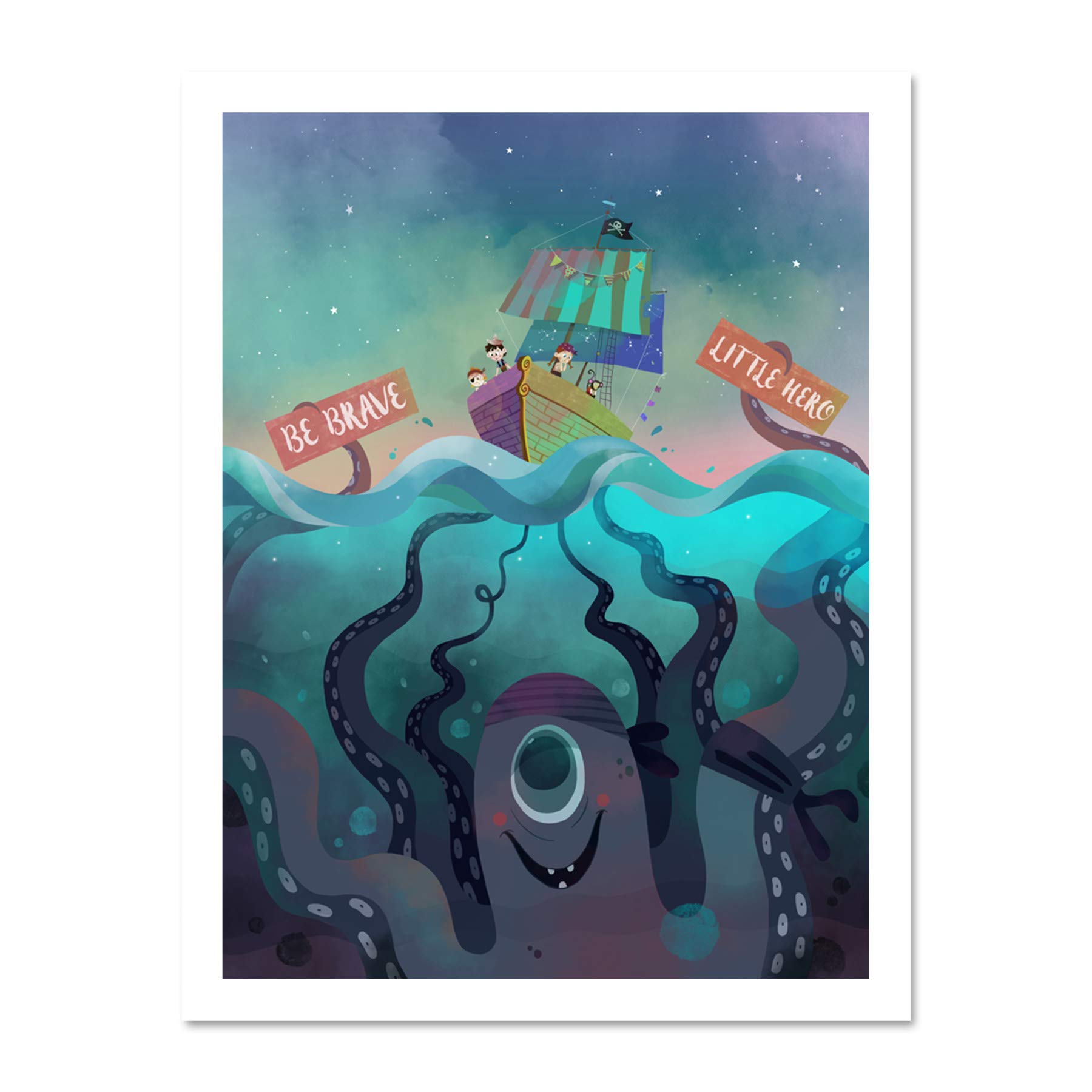 Wee Blue Coo Pirates Octopus Be Brave Large Framed Art Print Poster Wall Decor 18x24 inch
