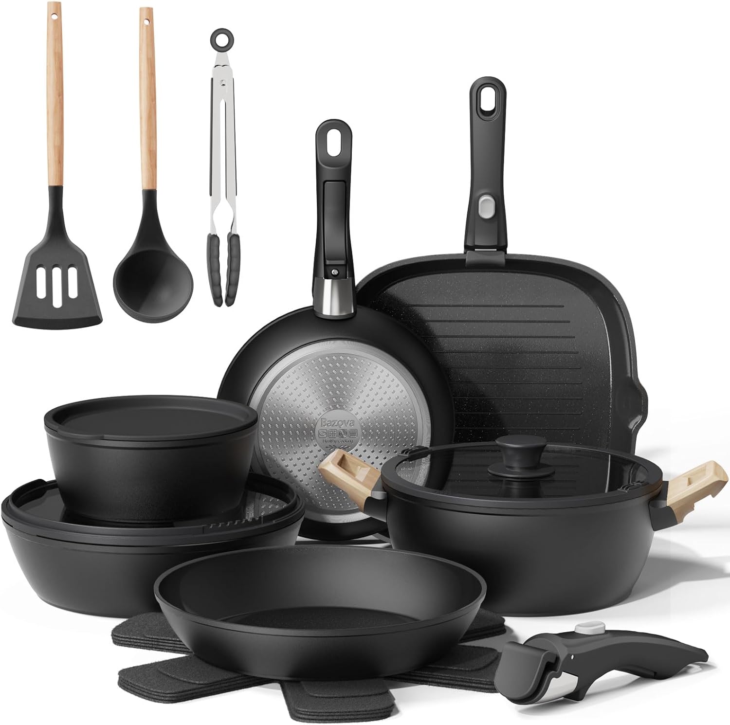 Black 19 Pcs Pots and Pans Set Non Stick Ceramic Cookware Set with Extra Removable Handles