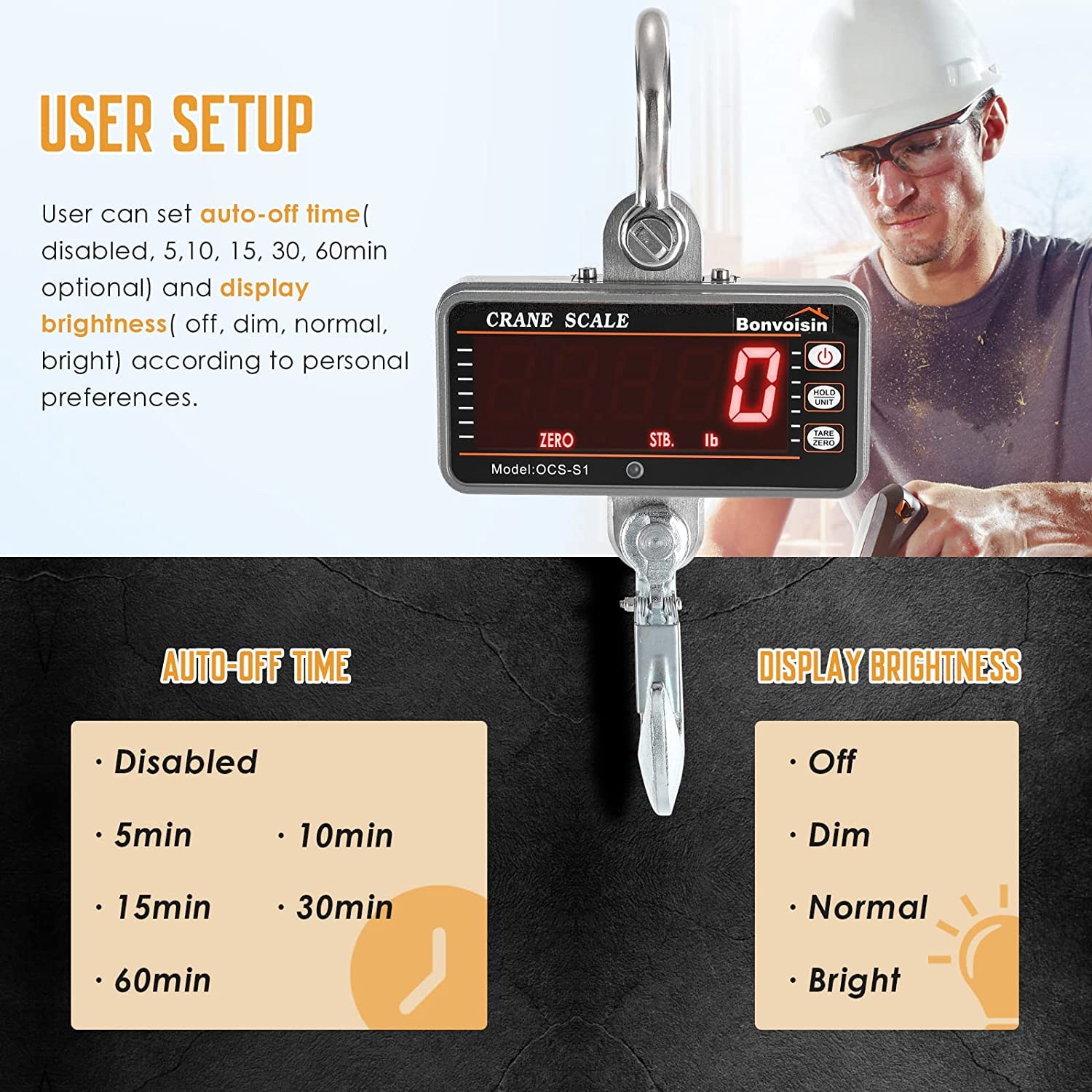 Bonvoisin Digitalkranwaage Industrielle Schwere Federungswaage mit Fernbedienung Tragbare Elektronische Waage 5 LED-Anzeige (Silver,1000kg)