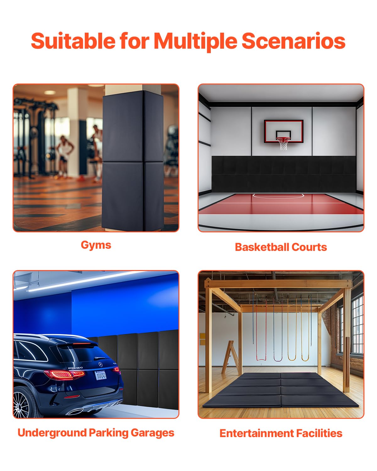 VEVOR Acolchado de Pared para Gimnasio, Resistente al Desgarro, para Cancha de Baloncesto, Almohadilla Protectora Duradera e Impermeable para Gimnasio, Garaje, 1500 x 500 x 50 mm, Negro, 4 uds