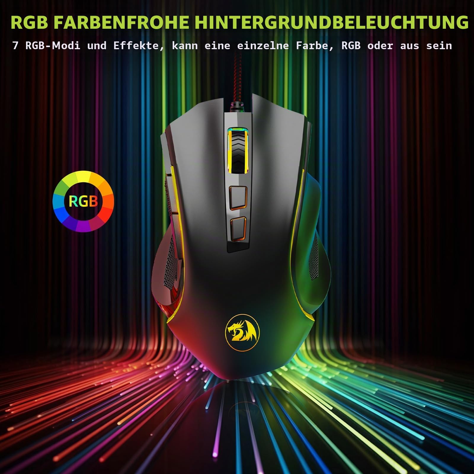 Redragon M602 Gaming Maus mit Kabel, Wired Computer Mouse Gaming mit Treiber, 7 Programmierbare Tasten und RGB-Leuchten, 7200 DPI PC Maus Gaming Ideal für PC/Laptop (schwarz)
