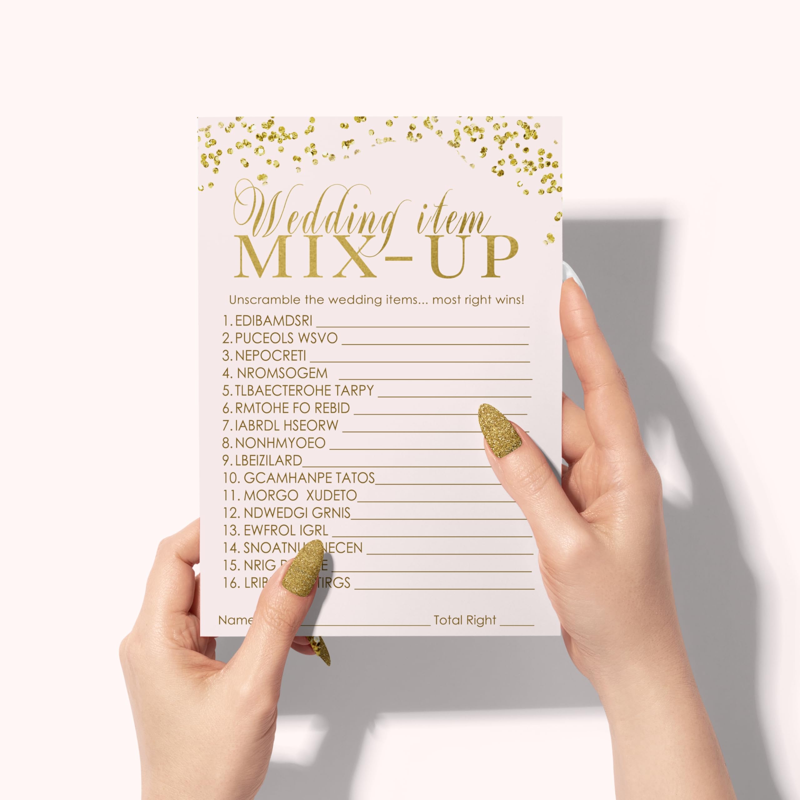 Paper Clever Party Pink and Gold Bridal Shower Game Word Scramble (25 Pack) Modern Wedding Unscramble Activity Cards for Engagement Reception Couples Elegant Confetti