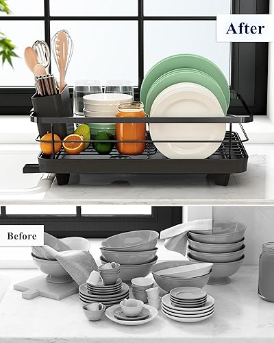 Miniatura 51 de Kitsure Escurridor de platos para encimera de cocina, artículos esenciales de organización y almacenamiento de fregadero de acero inoxidable con Gris