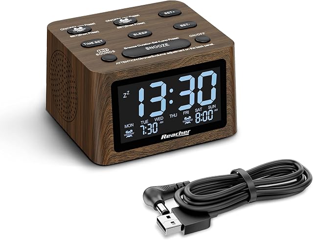 REACHER Wood Look Alarm Clock and White Noise Machine - Dual Alarms, 6 Wake Up Sounds, 12 Soothing Sounds for Sleep, Adjustable Volume, USB Charger, Battery Backup, 0-100% Dimmer for Bedroom