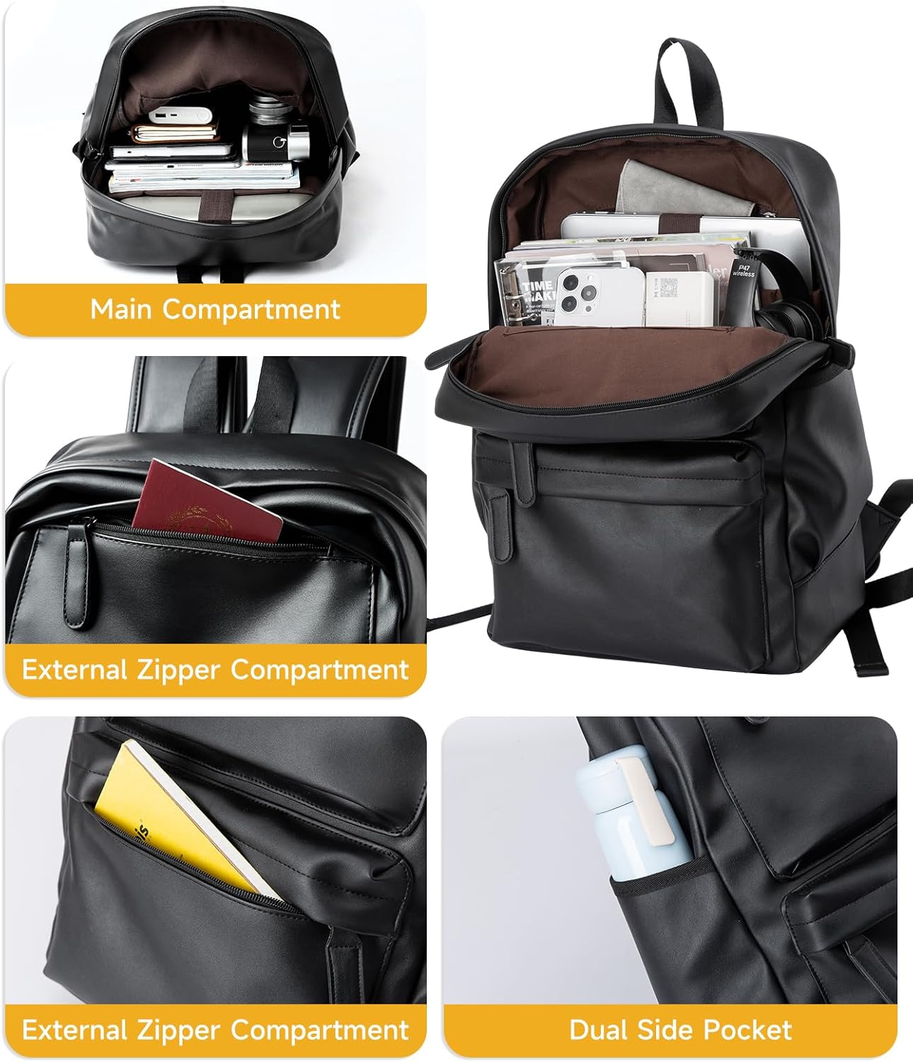MOYYI Leather Laptop Backpack for Men Black Fit 15.6inch Laptop Backpack Simplify Rucksack Waterproof for Work Commute Casual Daypack