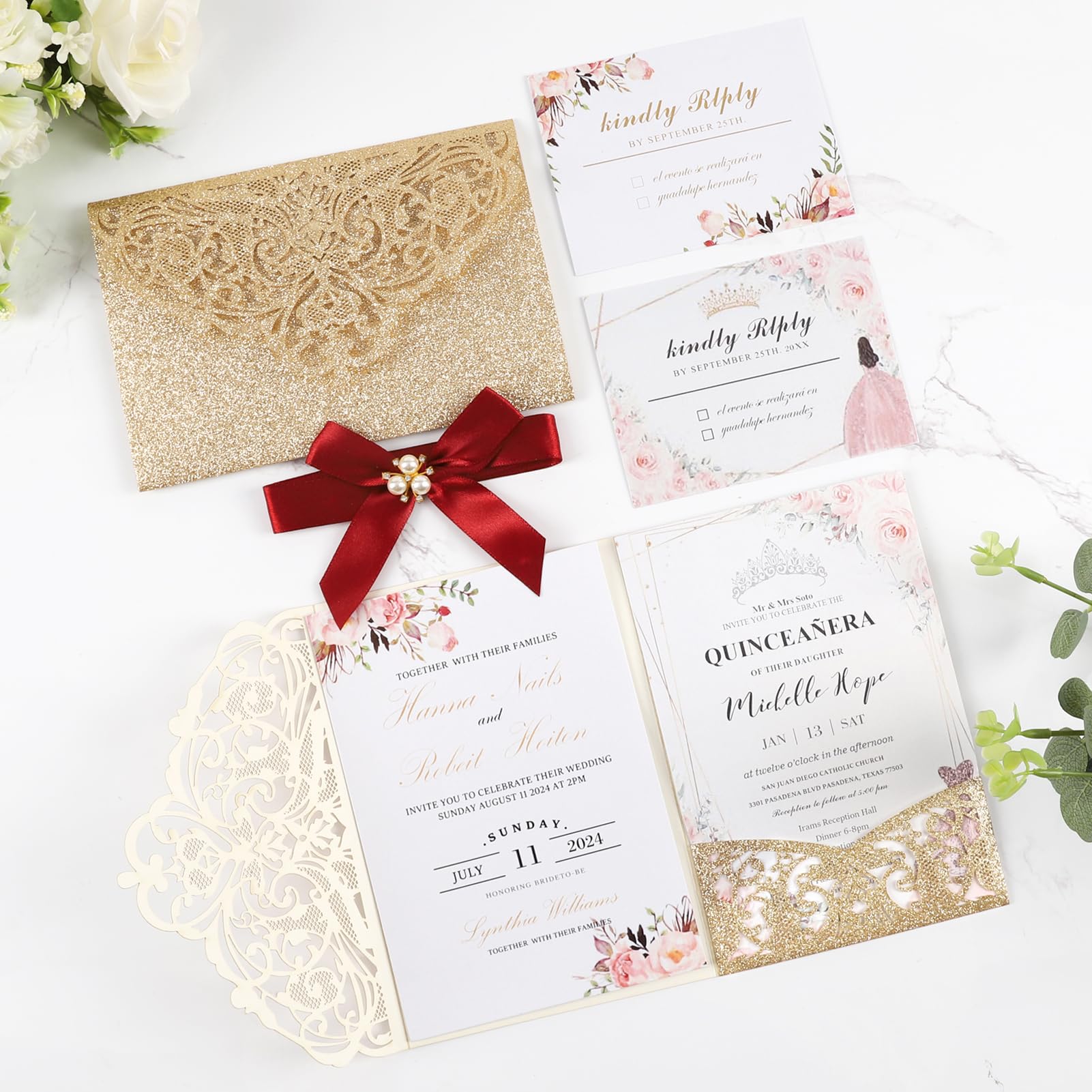 25 invitaciones de boda personalizadas en blanco con purpurina dorada cortadas con láser, con sobres y tarjetas Rsvp para boda, despedida de soltera, quinceañera, invitación de 15 años