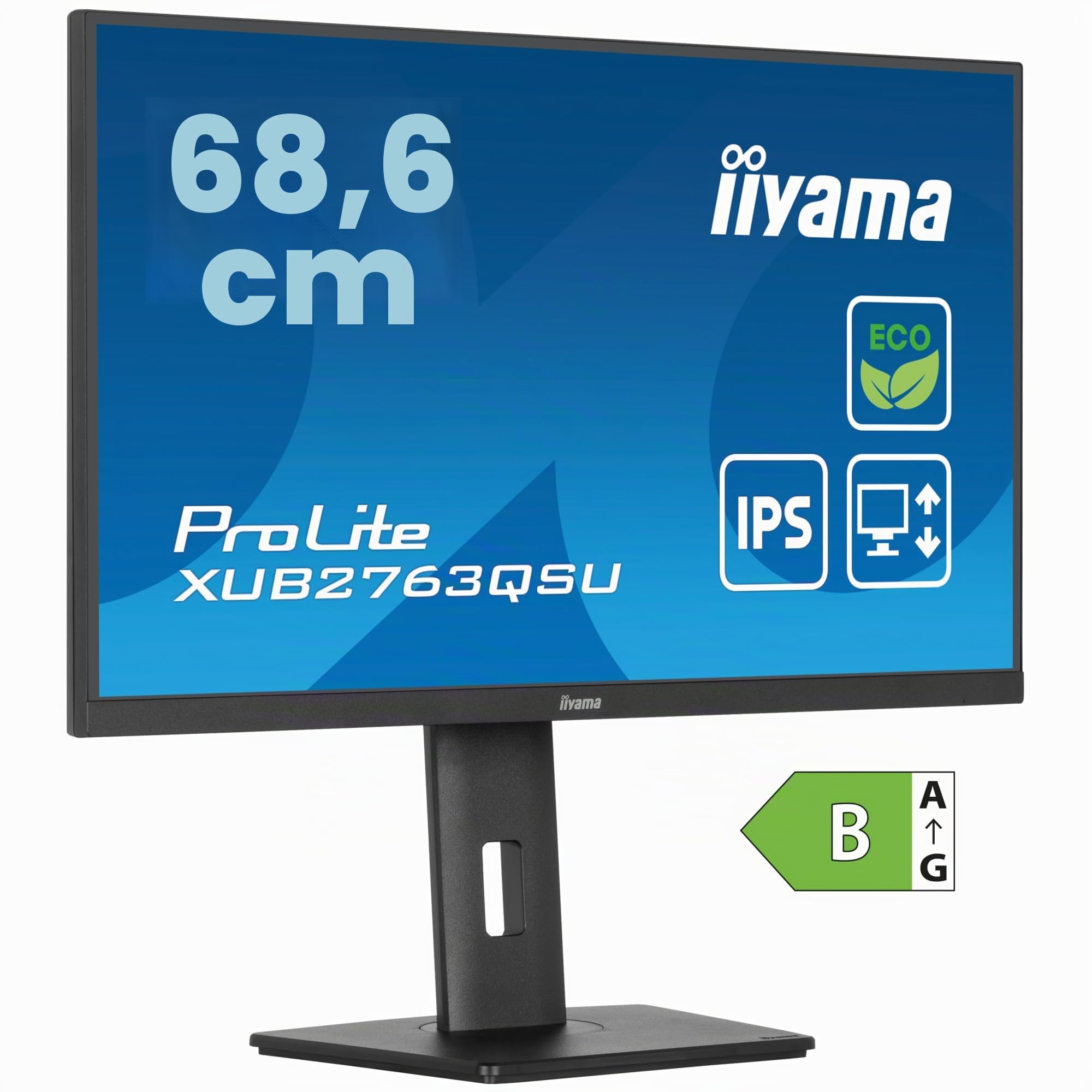 Ecran iiyama Prolite XUB2763QSU-B1 Slim,IPS, 2560x1440@100Hz, 2ms, 350cd, DP/HDMI/USB HUB (2x3.2), Haut-parleurs, FreeSync, i-Style, réglable en Hauteur + Pivot, TCO, Green Product