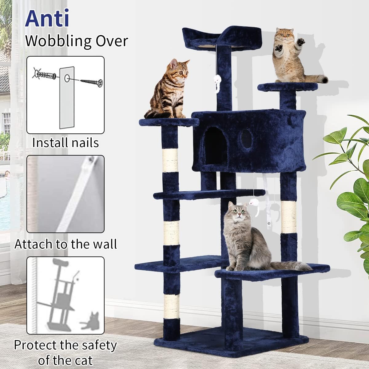 review 54in Cat Tree Cat Tower for Indoor Cats,Multi-Level Cat Furniture Activity Center with Cat Scratching Posts Stand House Cat Tree Tower with Funny Toys for Kittens Pet Play House,Navy Blue