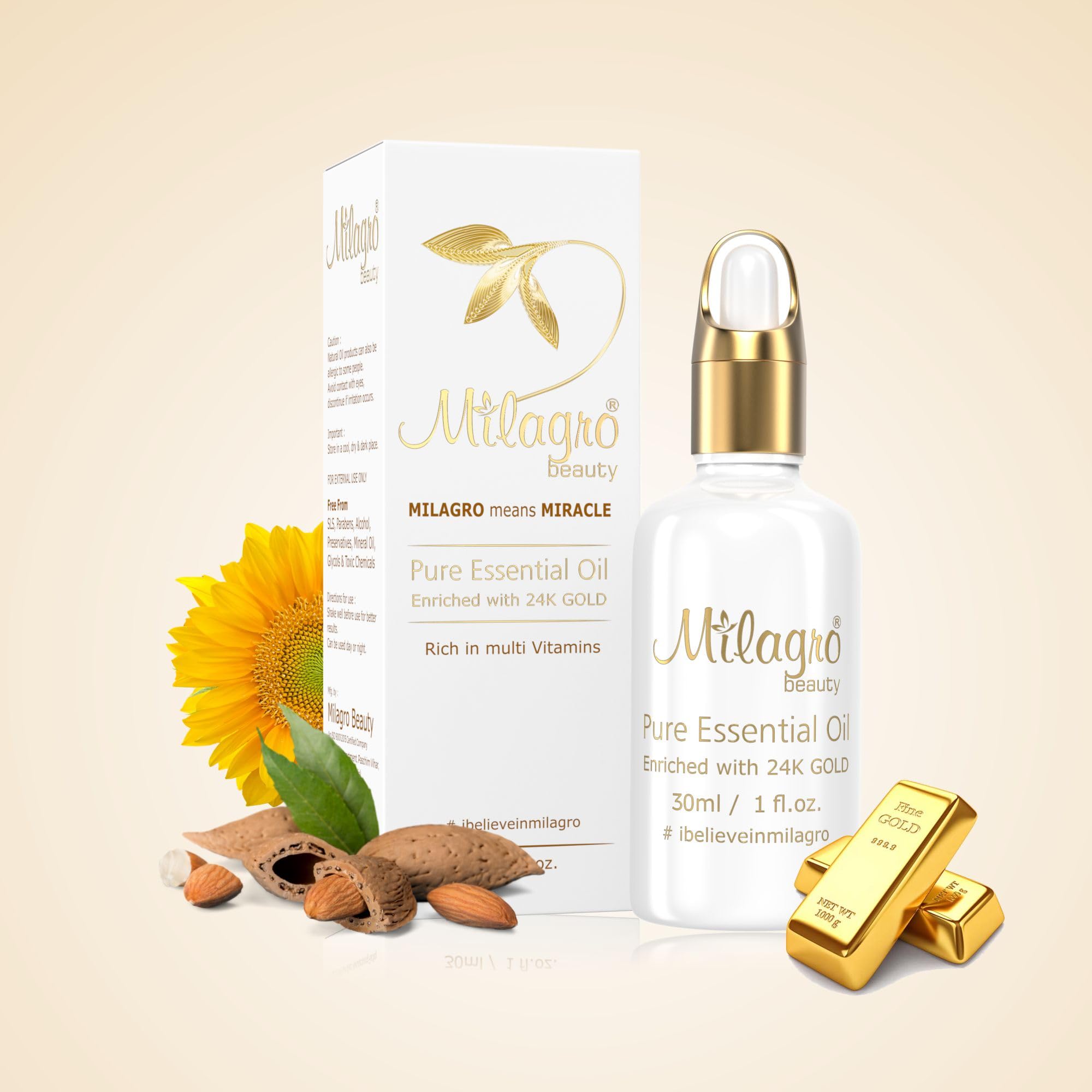 Milagro Beauty Essential Oil For Skin 24K Gold, Sunflower & Almond Oils, Toner Alcohol & Fragrance Free, Fades Blemishes, Brightens & Smoothens Skin, 100% Vegan Skincare Treatment (30Ml)