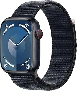 A Renewed Apple Watch Series 9 in Midnight Aluminum with a Midnight Sport Loop.