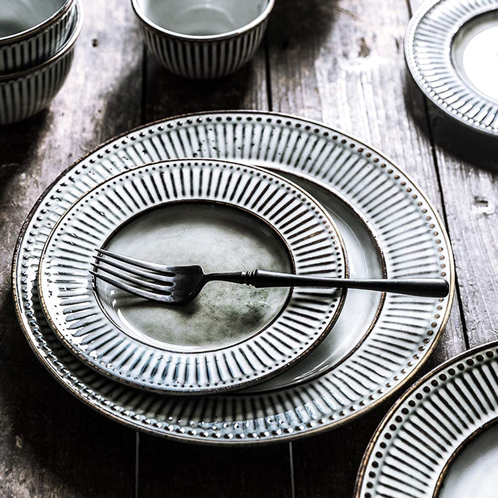 Zestaw obiadowy, Zestawy obiadowe ceramiczne, 38 elementów, retro tłoczone pionowe paski, zestaw obiadowy, porcelanowa miska na płatki zbożowe, łyżka i talerz dla rodziny Gatheand Restaurant
