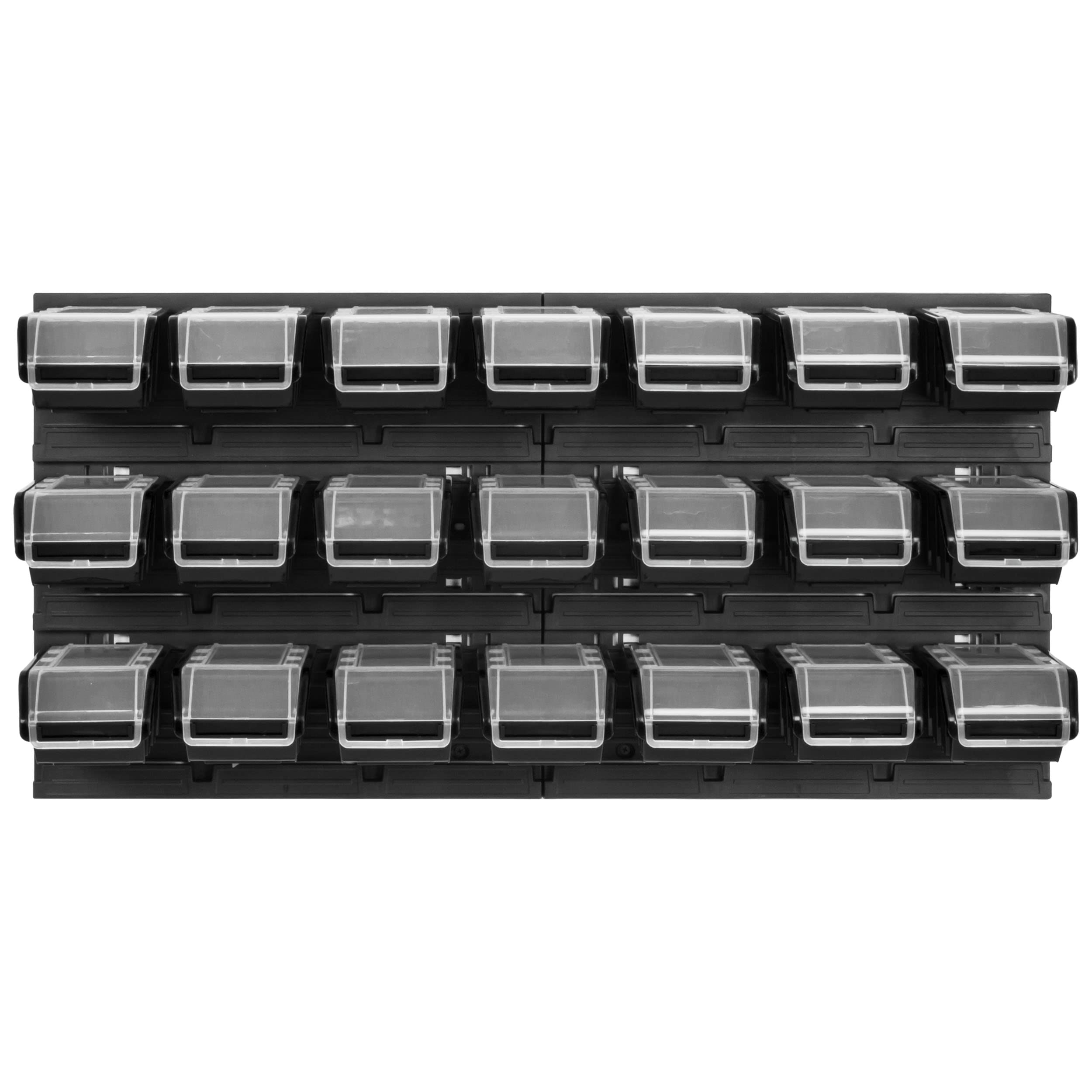 Sistema de almacenamiento para taller | 78 x 39 cm | 21 unidades | Estantería de pared con cajas apilables – placas de pared extrafuertes – Estantería perforada para vehículos de mercancías o garaje