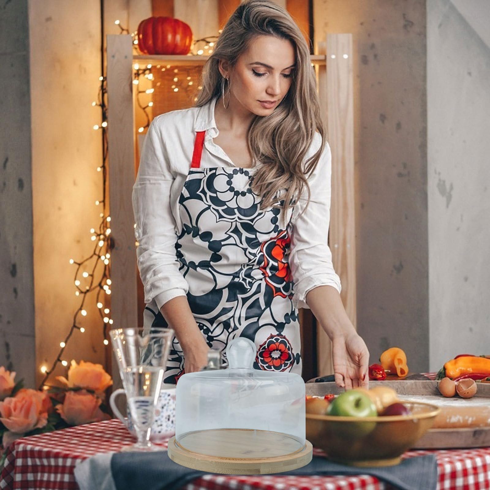 Plateau à Gâteau Tournant en Bois avec Couvercle en Verre Transparent, Plateau Alimentaire Polyvalent et Poignée Arrondie pour Présentation de Desserts