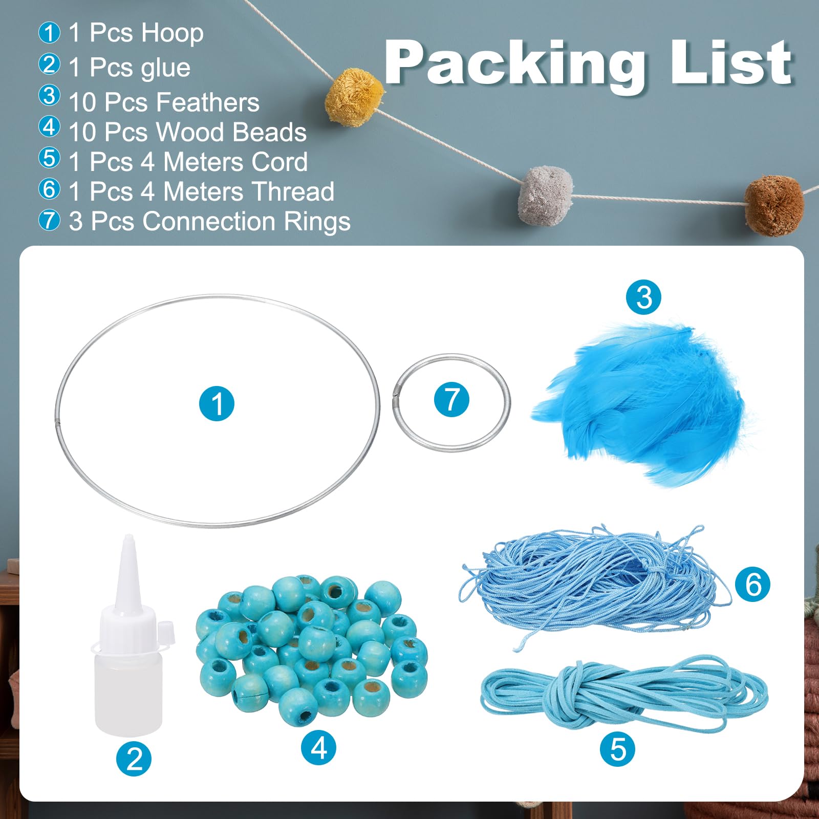 PATIKIL DIY Dream Catcher, Making Dream Catcher Supplies Handmade Dream Catcher Kit Feather Crystal Beads for Wall Hanging Ornament Decor Craft, Sky Blue - Image 3