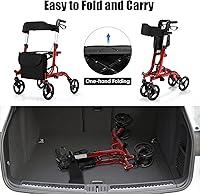 Vista 3 de GYMAX Andador de aluminio 2 en 1 con asiento, ayuda para caminar con ruedas de 8 pulgadas, asas ajustables en altura, sistema de freno doble