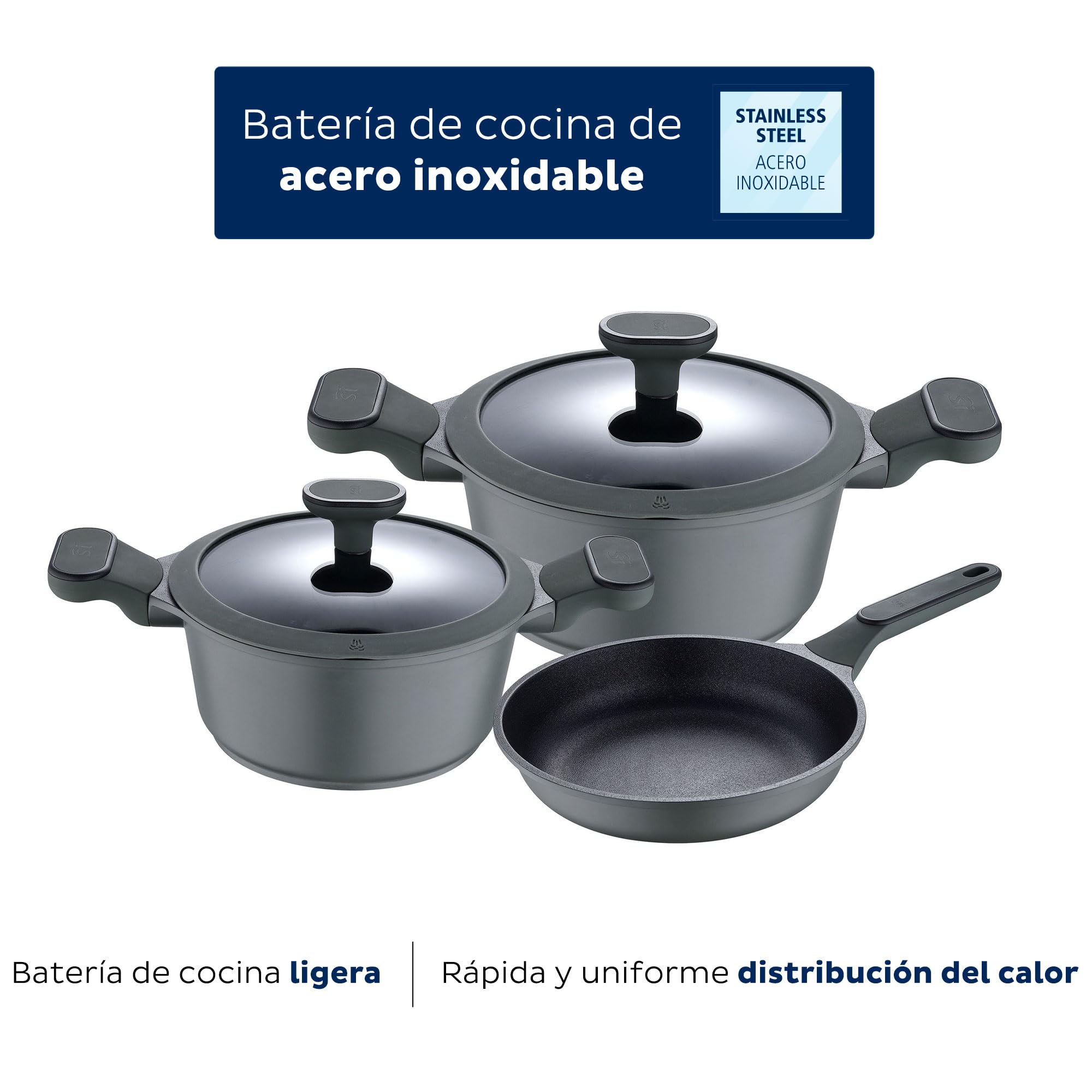 Zestaw 5pcs bateria kuchenna: patelnia bez pokrywy 24 (1,9 L), patelnie z pokrywką 20 (2,46L) i 24 cm (4,3L), odlewane aluminium, nadaje się do indukcji, kolekcja Solo od San Ignacio