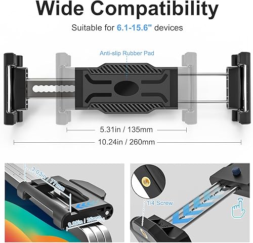 Miniatura 8 de Soporte para tablet de automóvil para portavasos de metal, brazo largo de 360, rotación de 360, para caminadora de golf, funda de grosor de ajuste
