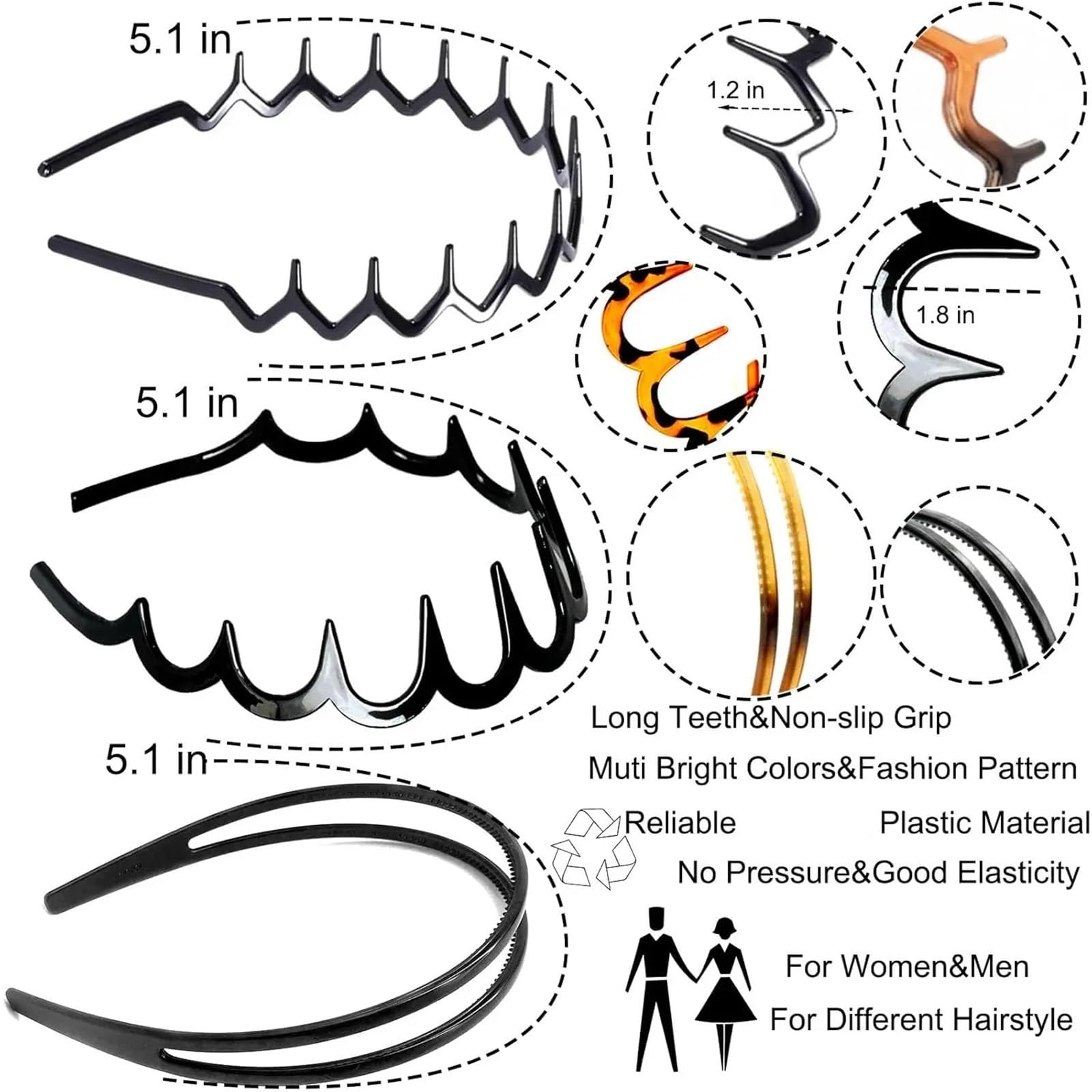 Fascia per capelli a zigzag 6 pezzi di fasce for capelli a zig zag set di plastica for capelli fascia for capelli pettine accessori for donna uomo per sport(Black)