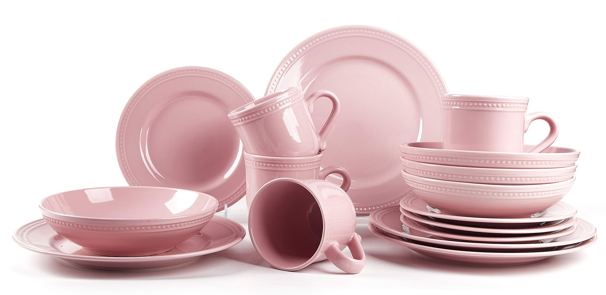 HomeVss, Pearl Dots Stoneware Dinnerware Set(16pc Set, Pink)