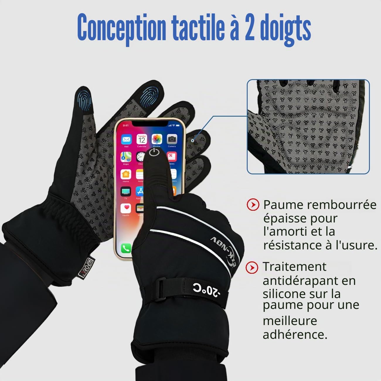 Gants de Ski Homme Femme - Gant Snowboard Homme Imperméables et Tactile, Gants 3m Thinsulate Hiver Noir, Men's Ski Gloves, for Cold Weather (Mesurez Tour de Paume Avant de Commander)
