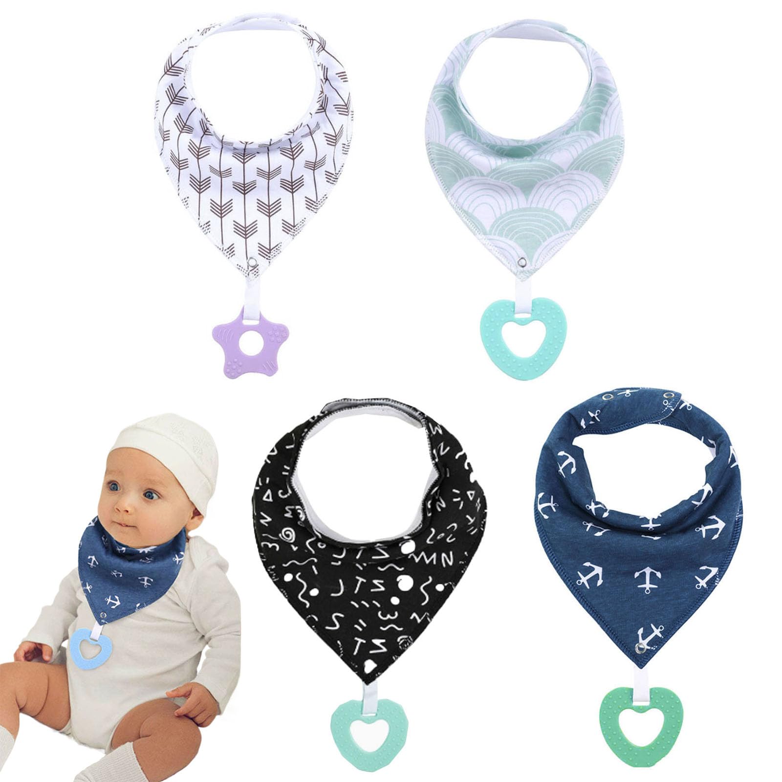 Oaygat 4 Pack Baby Bandana Dribble Drool Bibs Baby Teething Bibs with Teether Toddlers Teething Toy with Snaps Super Soft and Absorbent Bib Newborn Triangle Bib for Boys Girls Unisex Infant Toddlers