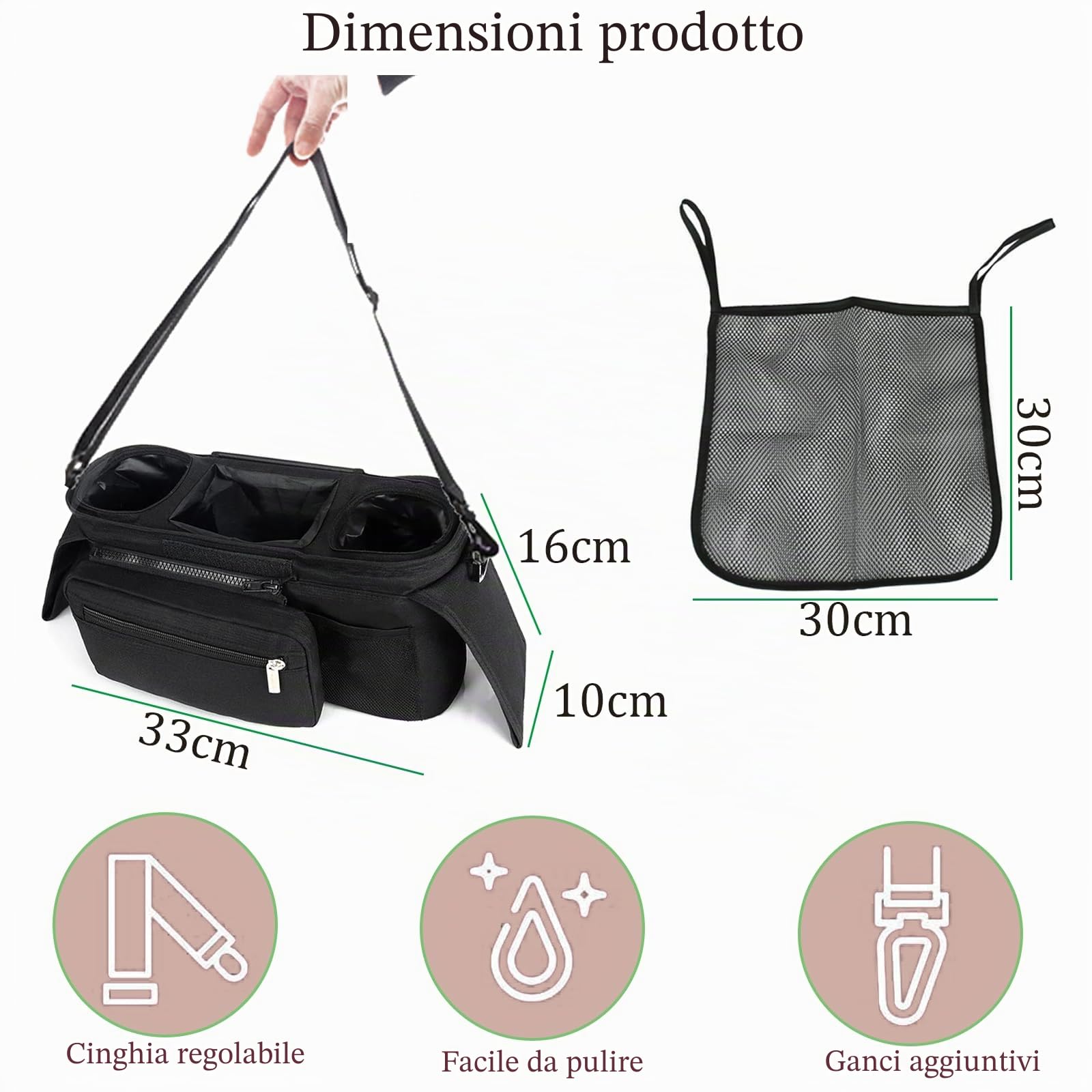 Universal Baby Passeggino Organizer, con Il Supporto di Tazza Isolato Aumentato, Borsa A Rete Rimovibile, Borsa del Telefono e Tracolla, si Adatta Alla Maggior Parte dei Passeggini