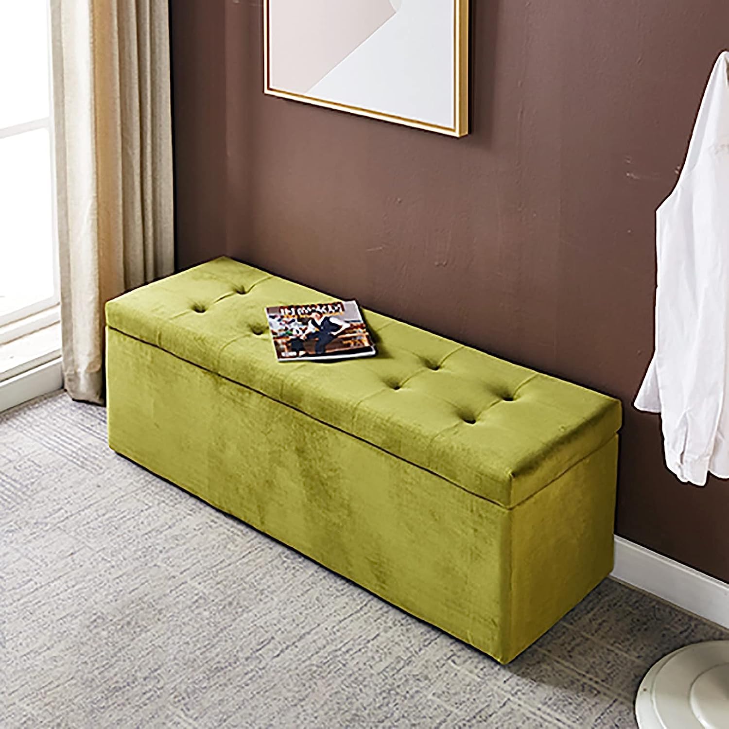 Banc ottoman de rangement velours vert clair, siege de lit rembourré salon