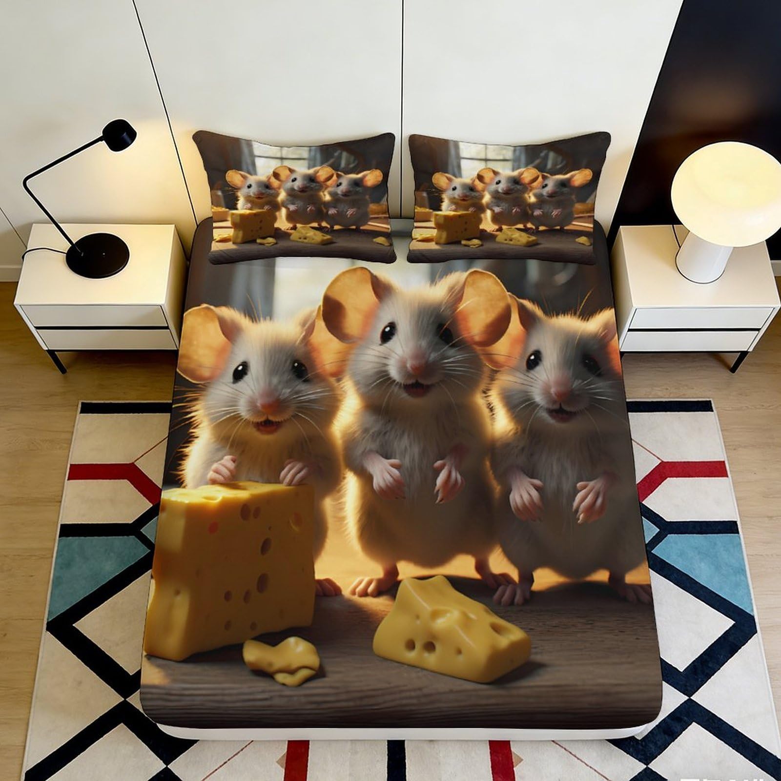 3D Printed Cartoon Mouse Fitted Sheet Microfiber Deep Pocket Bedroom Bedding Cheese Theme Mattress Fitted Cover Full Wrap Washable for Adults 140x200x25cm