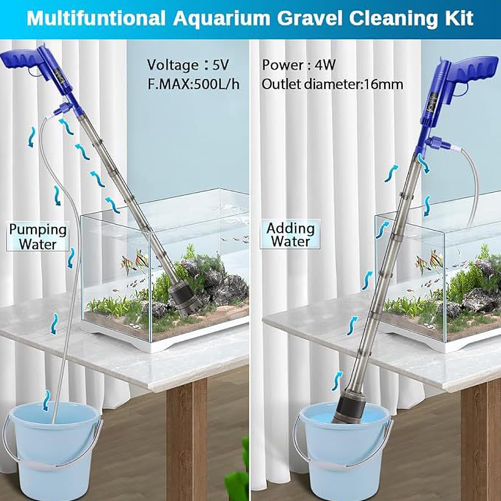 6 En 1 Limpiador Eléctrico para Acuarios, Limpiador Grava Acuario, para Sifón Acuarios, Lavado De Arena Y Absorción De Heces, Limpieza De Suciedad, Aspirador Acuario Kit De Limpieza