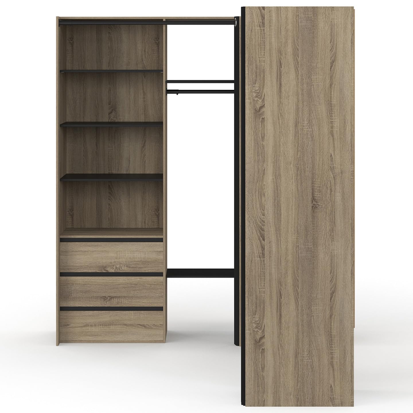 IDMarket - Dressing extensible d'angle MARLON 200 x 150 x 180 cm hêtre avec penderies + tiroirs + étagères + rideaux noirs