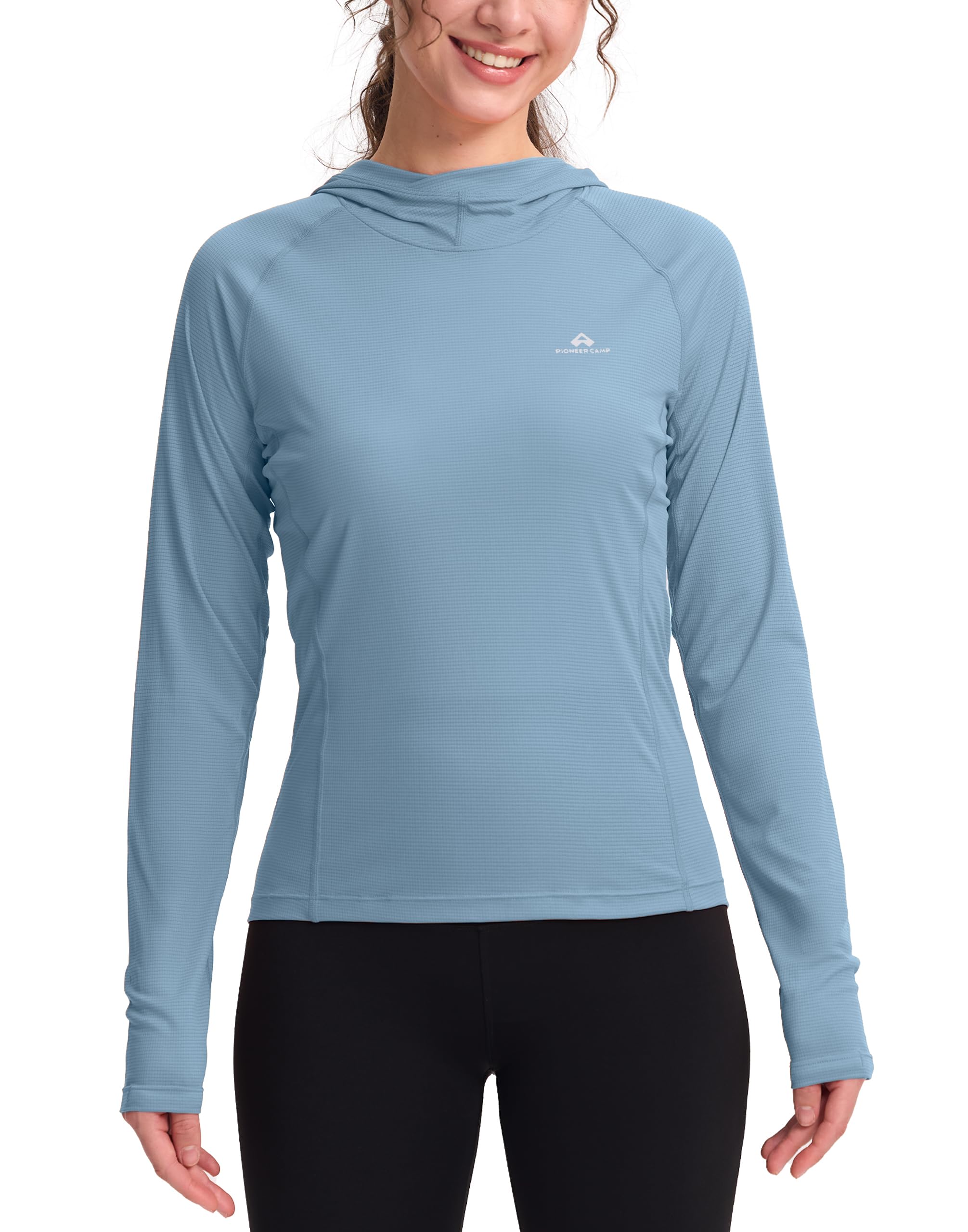 Pioneer Camp Damen Wandershirt mit Kapuze, Ultraleichtes Funktionsshirt (90g), Schnelltrocknend & Atmungsaktiv, UPF23+ Langarm UV-Shirt mit Daumenlöchern, für Trekking Wandern Camping Laufen
