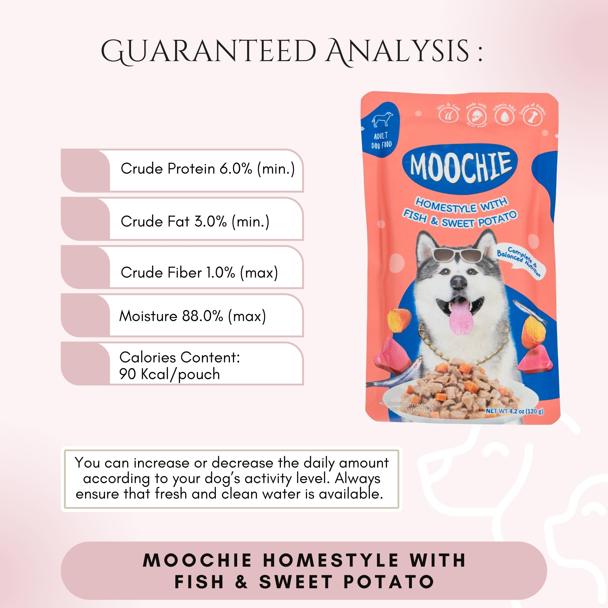 Moochie Wet Dog Food (120g x Pack of 12)| HomeStyle with Fish & Sweet Potato | Wet Dog Food for Adult & Puppy | No Artificial Colours & Preservatives. 2