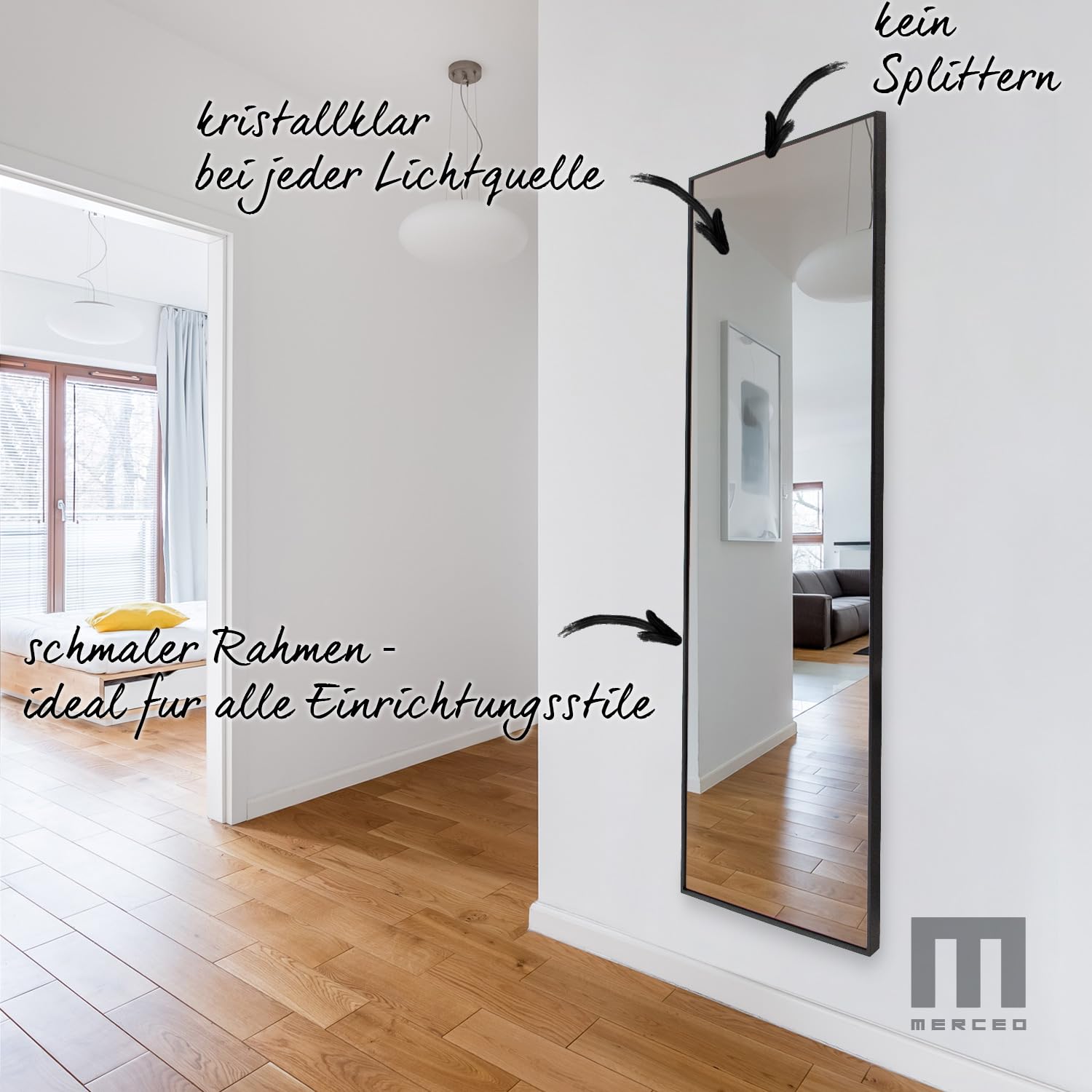 Rechteckiger Ganzkörper Standspiegel schmal 50x150cm, eingefasst im edlen schwarzen Aluminium Rahmen - kristallklare Spiegelung mit High-Definition-Glas - für Schlafzimmer, Bad, Flur, Wohnzimmer