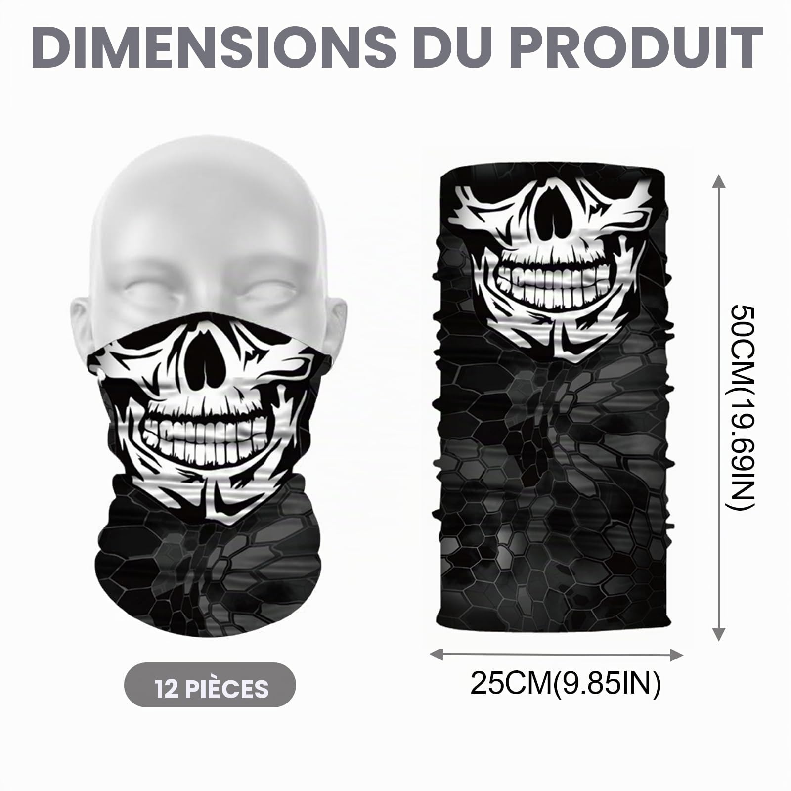 Lot de 12 cache-cou multi-usages en forme de tête de mort - Masque de moto - Protection UV - Unisexe - Convient pour Halloween, carnaval, fêtes et activités de plein air