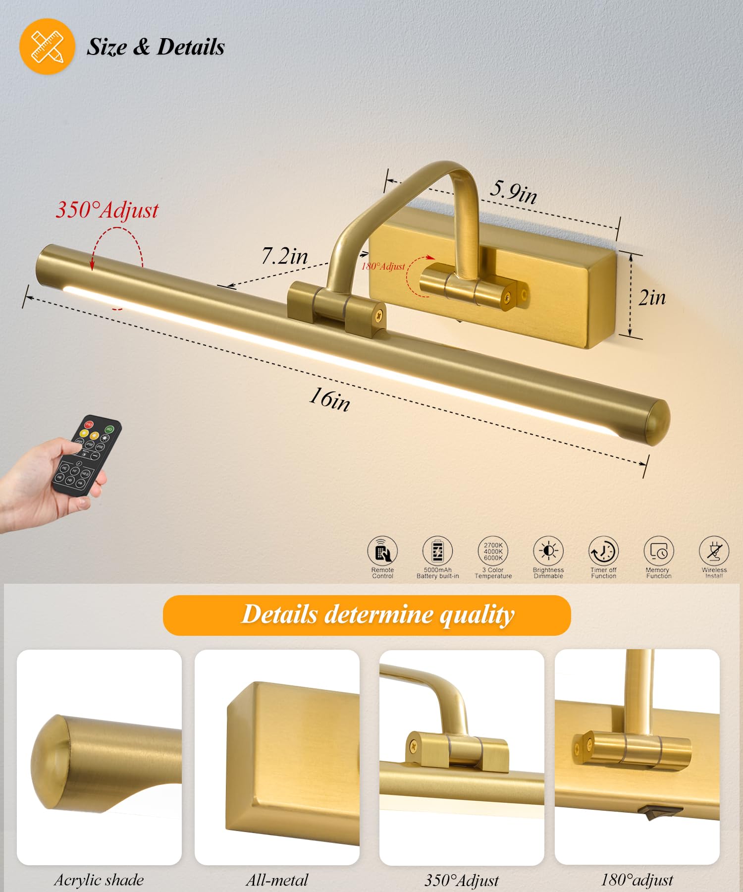 Kabellose Bilderleuchte für Wand, wiederaufladbares Licht für Bilder mit Fernbedienung & Timer, 40,6 cm dimmbares Goldkunstlicht für Gemälde, batteriebetriebene LED-Wandleuchte mit 3CCT für