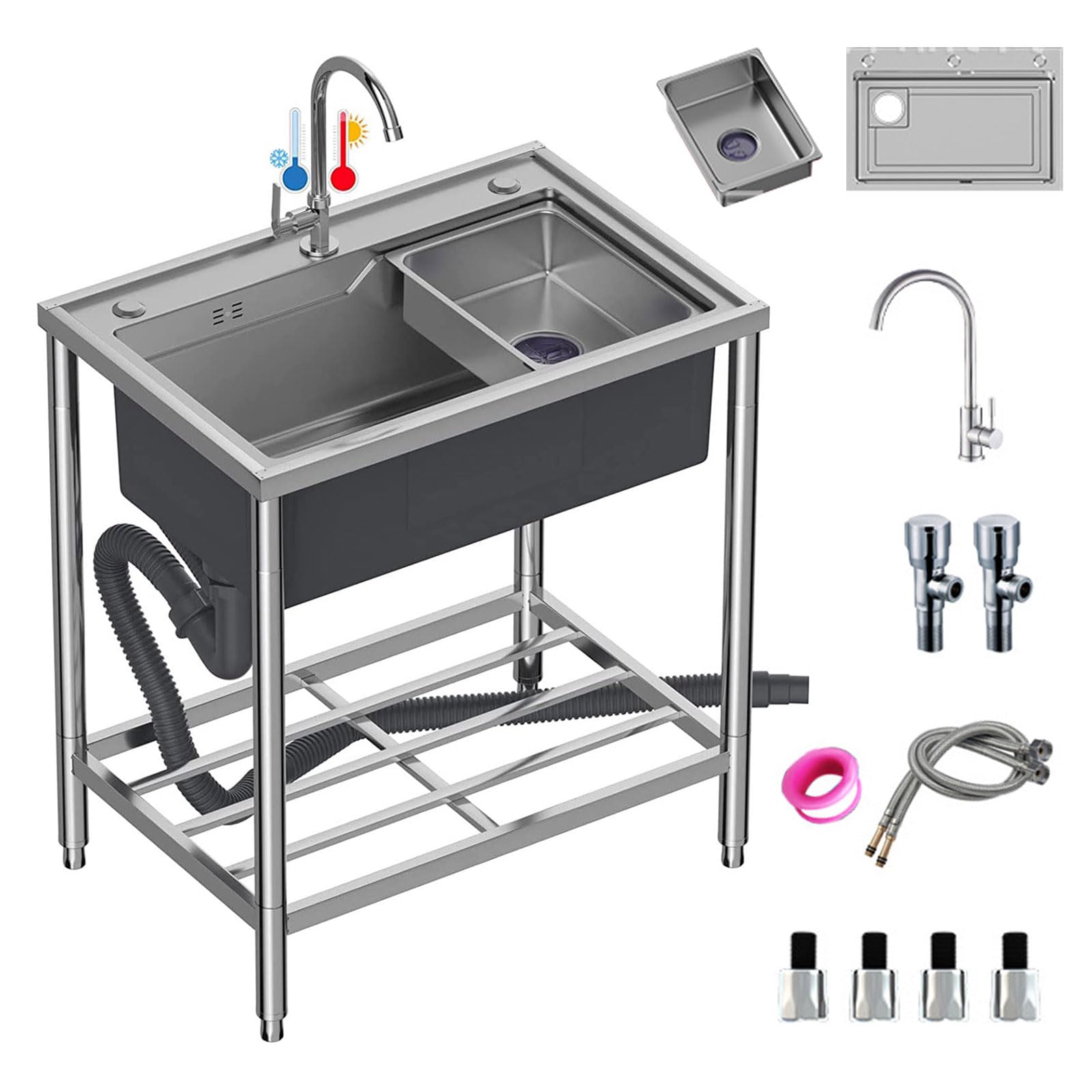 Lavello Industriale, lavello da Giardino per Esterni in Acciaio Inox a Vasca Singola con Vasca Interna Mobile e Rubinetto Acqua Calda e Fredda, lavello di Servizio per Lavanderia c