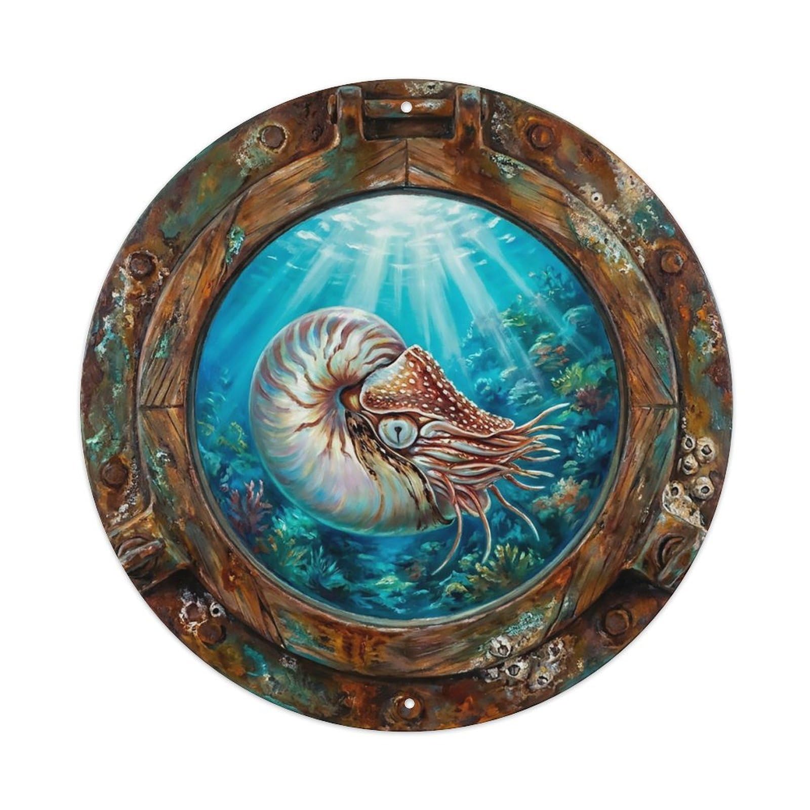 Vintage Porthole Nautilus Spiral Shell Ship Window Undersea Deep Sea Metal Tin Sign