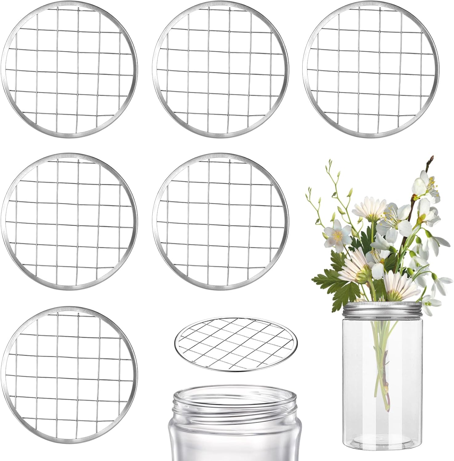 6 PCS Metal Mason Jar Flower Lid Wide Mouth Flower Jar Lid Insert Floral Arrangement Supplies Floral Organizer Lids Insert with Square Grids Arrangement Holder for Regular Mouth Mason Canning Jars