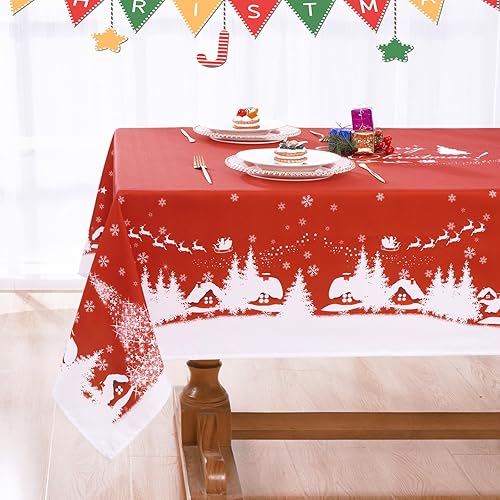 Miniatura 4 de Mantel de Navidad, mantel rojo con copos de nieve, mantel impermeable con árbol de Navidad, ciervos, para comedor, cocina, vacaciones de invierno,