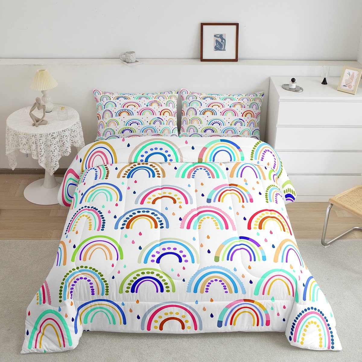 Feelyou Kids Cute Rainbow Comforter Set - Colorful Rainbow Stripes Bedding for Girls & Boys, Queen Size Duvet Set with Quilt & Pillowcases