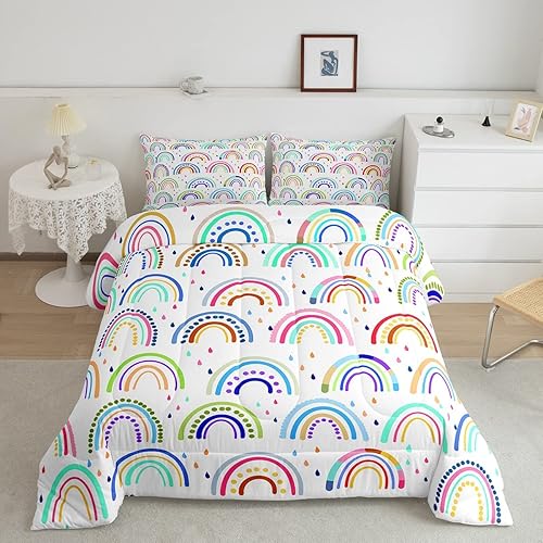Feelyou Lindo juego de edredón arcoíris para niños, ropa de cama de rayas arcoíris coloridas para niñas y niños, juego de edredón tamaño individual