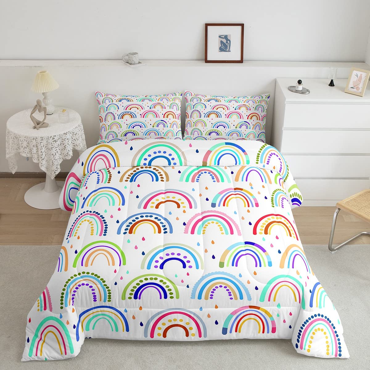 Feelyou Kids Cute Rainbow Comforter Set - Colorful Rainbow Stripes Bedding for Girls & Boys, Queen Size Duvet Set with Quilt & Pillowcases