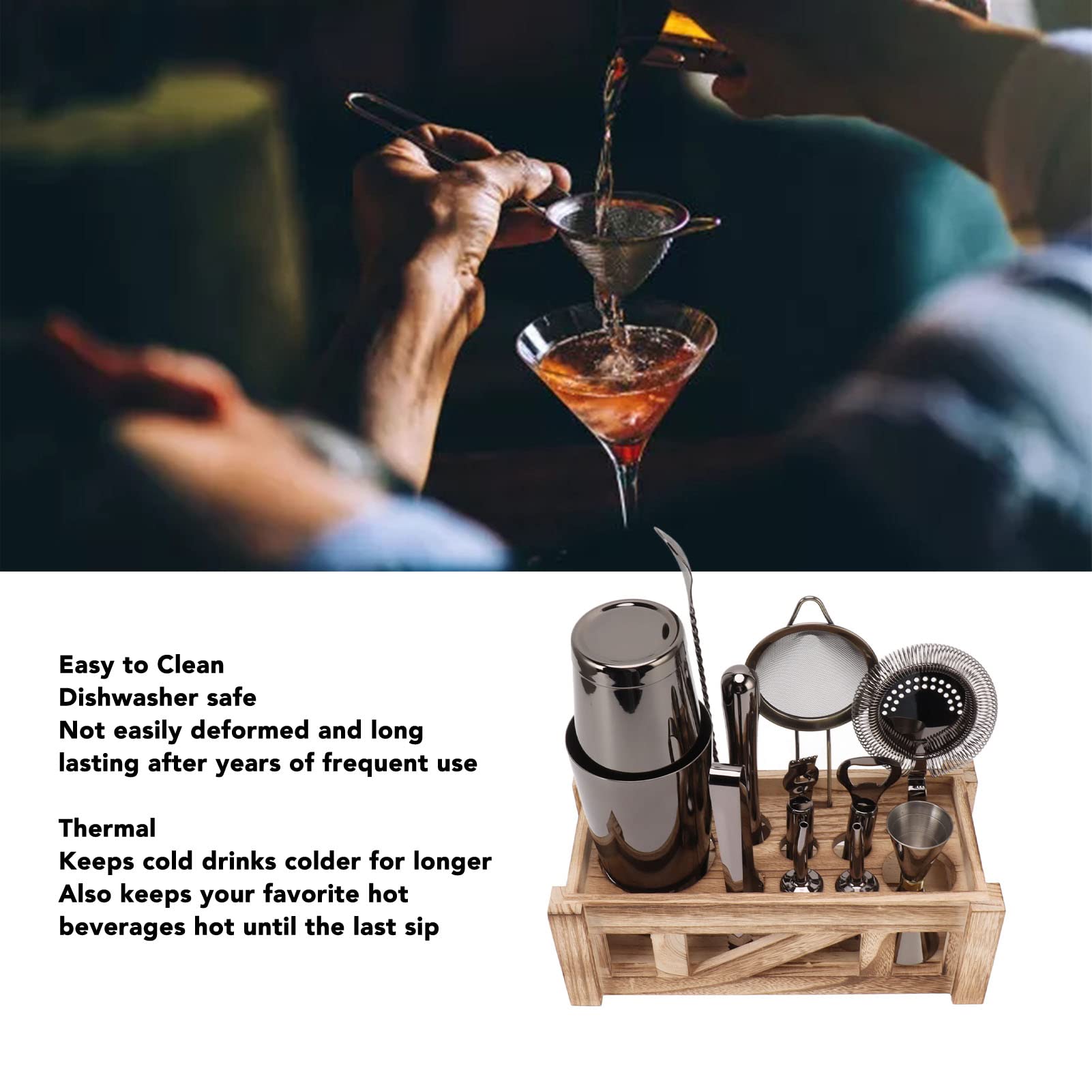 Juego de Barra de Coctelera de Acero Inoxidable con Soporte de Madera, Mezclador, Coctelera, Kit de Coctelería, Accesorios de Barman de Mixología Profesional para el Hogar, Bar Y Fiesta