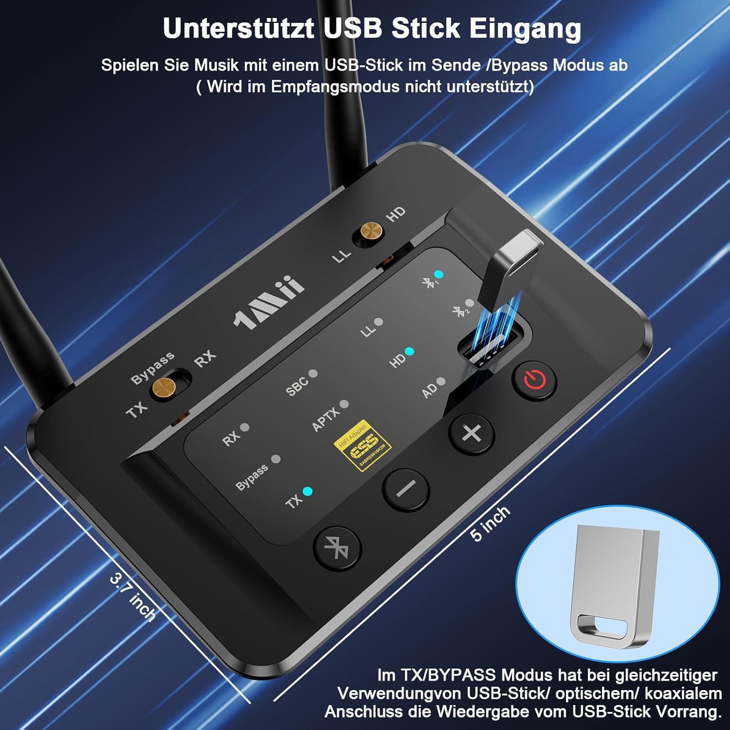 1Mii B03S Bluetooth Transmitter & Empfänger für TV und Stereoanlage, 3-in-1 HiFi Audio Adapter mit ESS DAC, aptX Adaptive & Low Latency, Dual Link für 2 Kopfhörer, Bluetooth 5.3, Optisch/Cinch/AUX