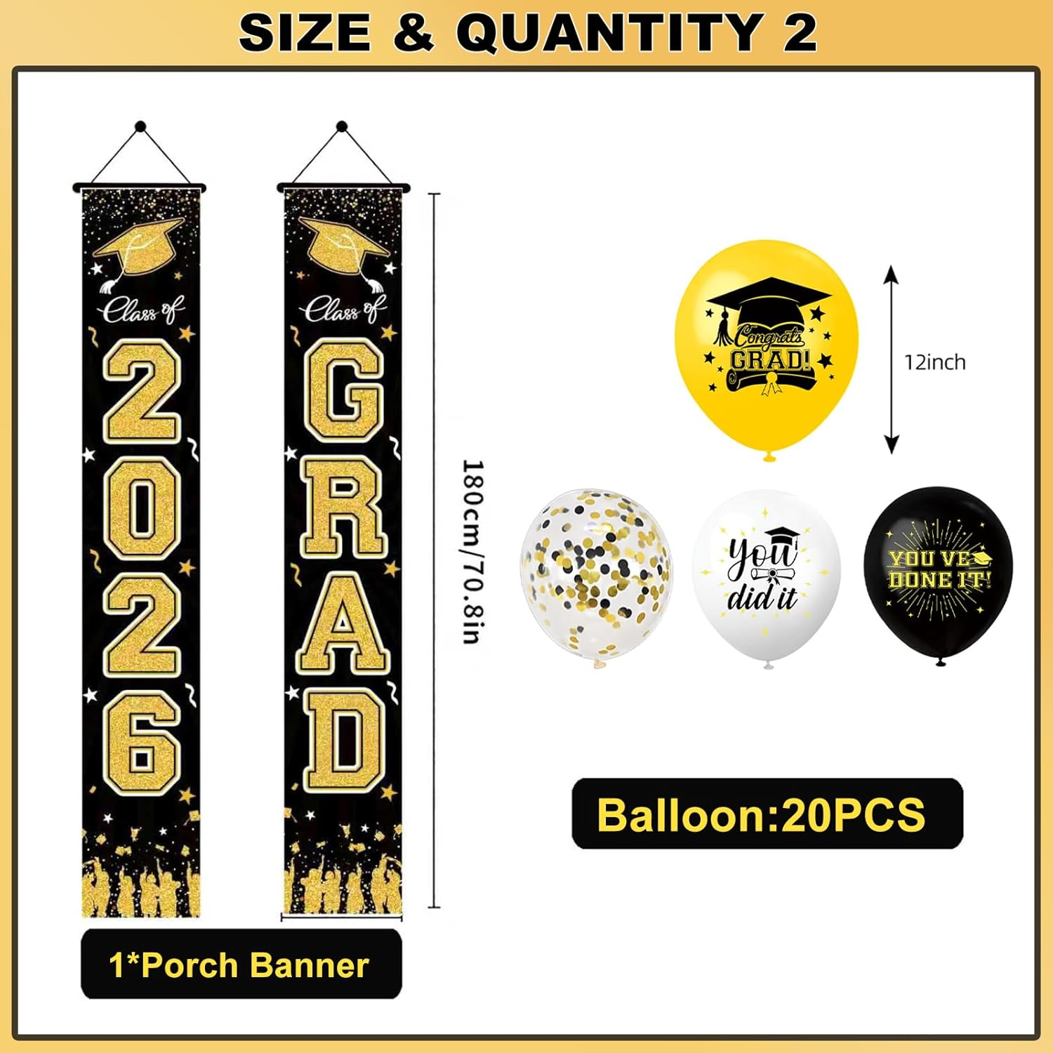 2026 Graduation Decorations Party Supplies Set Congrats Grad Black Gold Banner Tablecloth Balloons Plates Cups Napkins Hanging Swirls Porch Door Sign (Black)