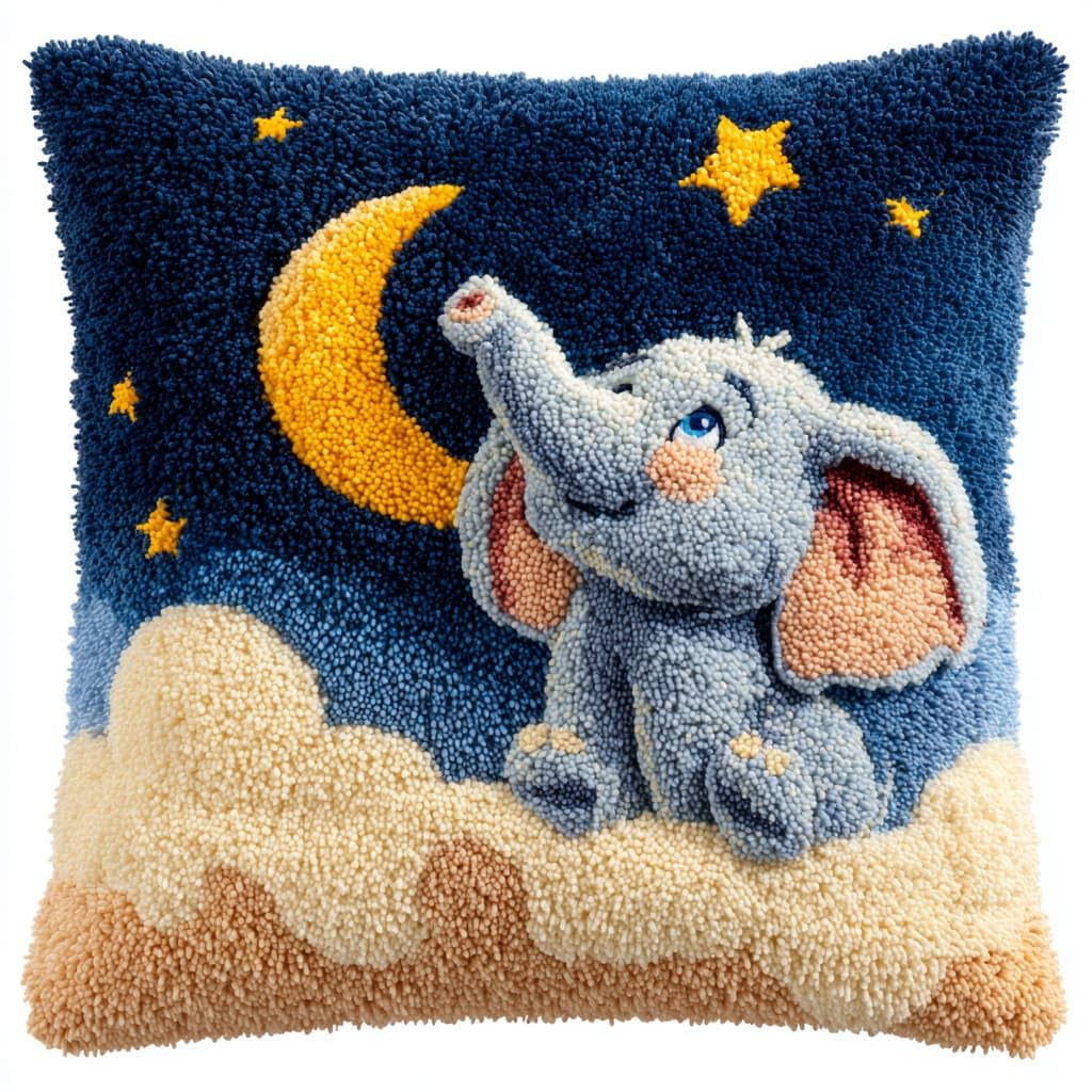 Taxpy Cushion Latch Hook Kit, Elephant and Moon DIY Pillow Materials Hooks Knitted Embroidered Pillow Embroidery Latch Hook Carpet Kit,17x17inch